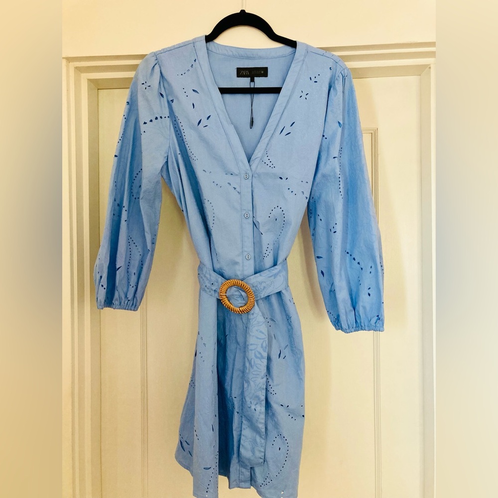 Zara Light Blue Eyelet Dress with Belt - Picture 2 of 6